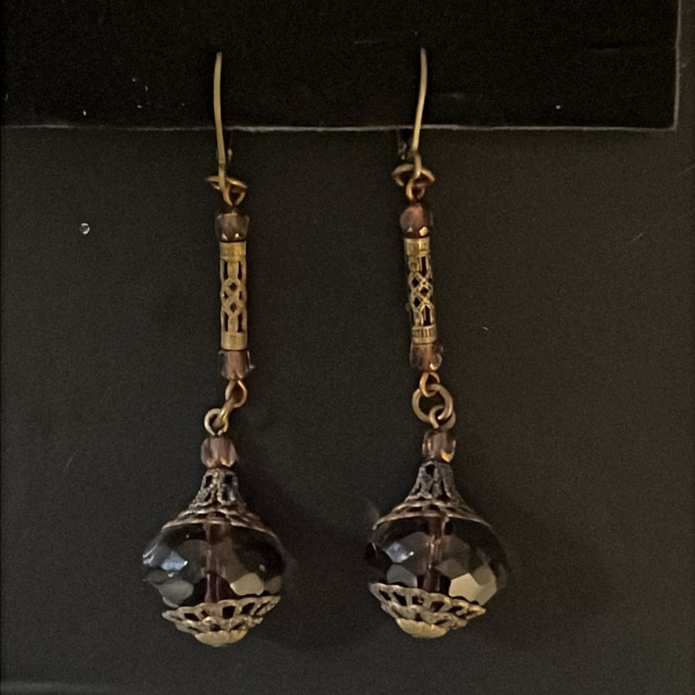 Antique Art Nouveau Bronze Filagree Purple Czech Glass Beaded Drop Earrings - Picture 11 of 15